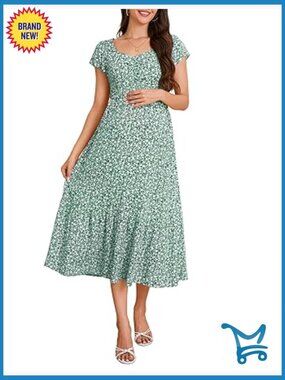 Maternity Dress Short Sleeve Sweetheart Floral Midi Baby Shower Photoshoot